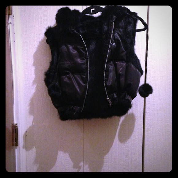 Hooded Black rabbit fur vest