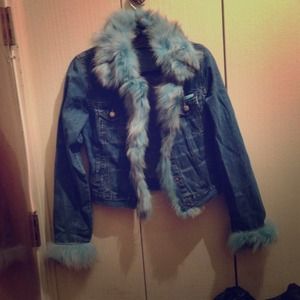 Blue Jean jacket with turquoise rabbit fur trim