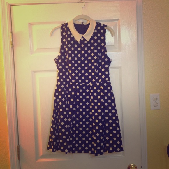 Navy blue and cream polka dot dress