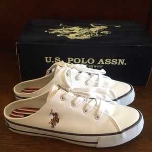 New, never worn  U.S. Polo white slides
