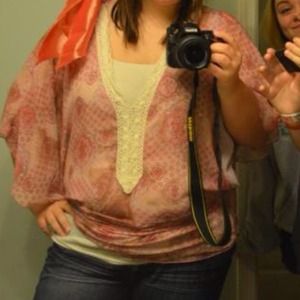 Peach and brown flow knit top