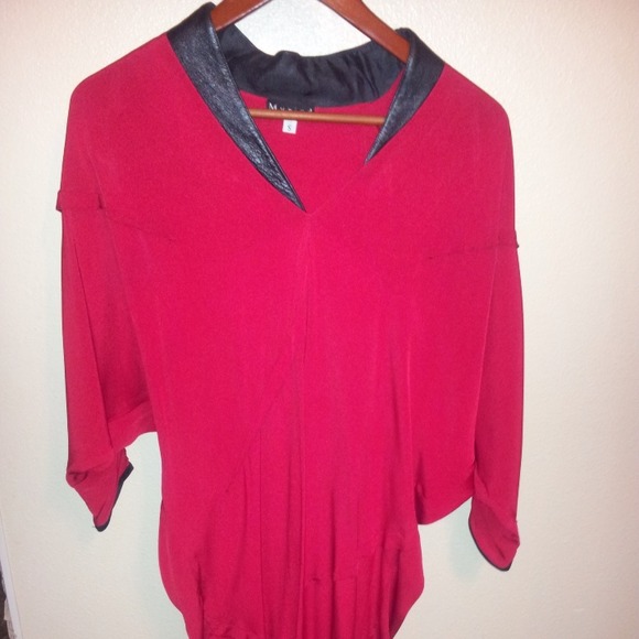 Red dress trimmed in black leather