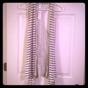 Grey and white striped cardigan with lace on back!