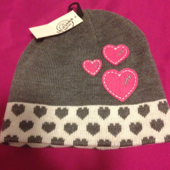💕Grey/white knit beanie hat with pink hearts 💕