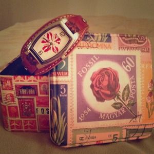 Woman's Fossil Leather Band, Red Hibiscus Watch