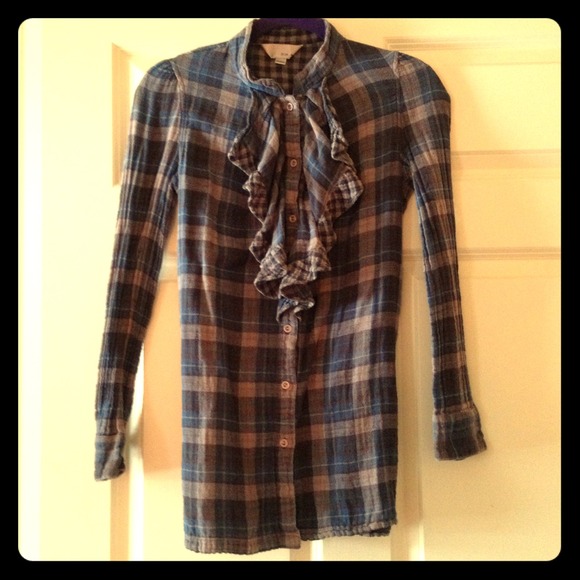 Zoa Plaid ruffle tunic shirt M