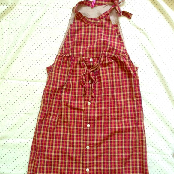 Red plaid Halter top, vintage refashion dress