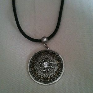 Leather roped with silver medallion necklace