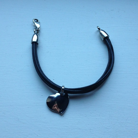 Black leather heart charm bracelet