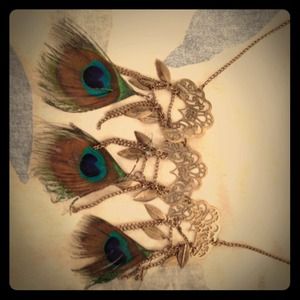 Unique Peacock feather brass statement necklace~~~
