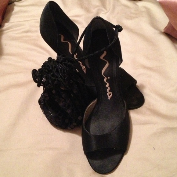 Satin black evening pumps with matching wristlet