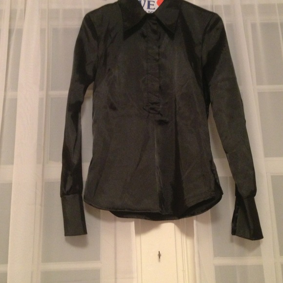 Sexy fitted black satin blouse.  New pics added