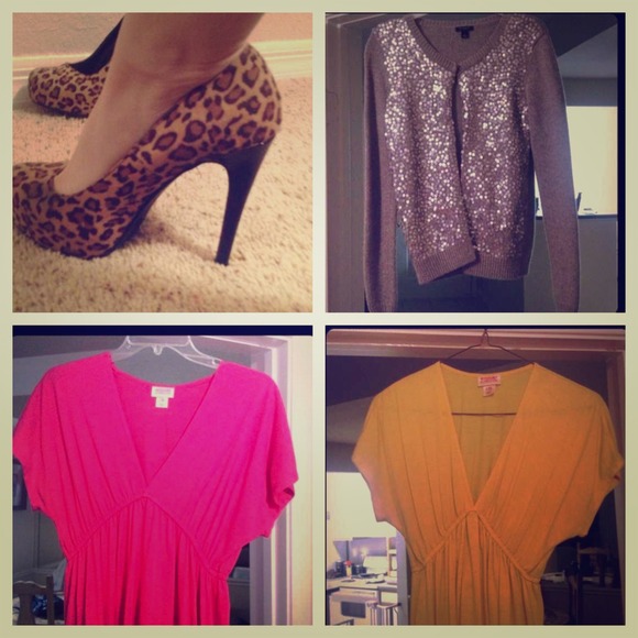 2 dresses, cheetah pumps, sequined cardi