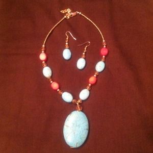 Turquoise and coral necklace and earring set