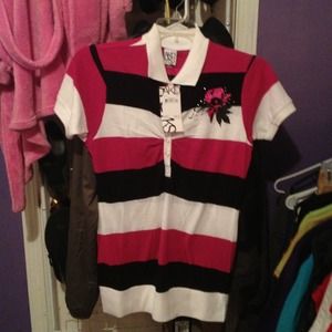 Pink black and white striped AKDMKS polo.