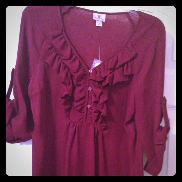 Burgundy sheer ruffled blouse