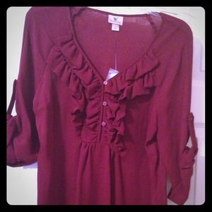Burgundy sheer ruffled blouse