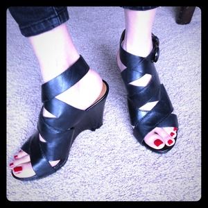 Franco Sarto black leather strappy heels