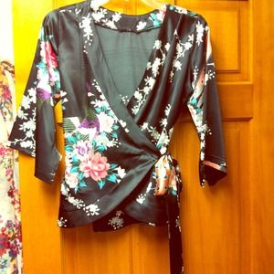 satin wrap top! Peacock floral print