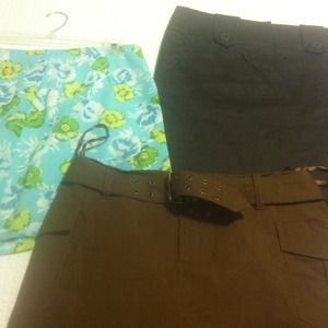 Lot of 3 skirts. 2 brown, 1 blue and green .