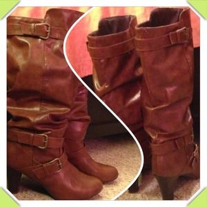 Maddon Girl Brown Heeled Slouch Buckle Boots sz 10