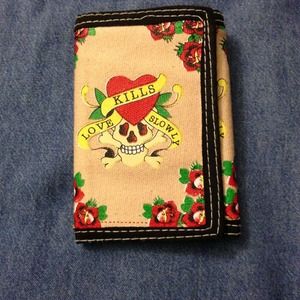 "Love Kills Slowly" denim skull wallet