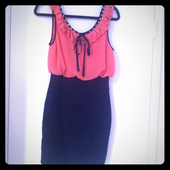 Coral & Black cocktail dress w beautiful neckline
