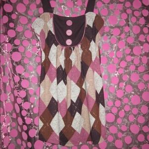 Purple, pink, tan, and heather grey plaid top