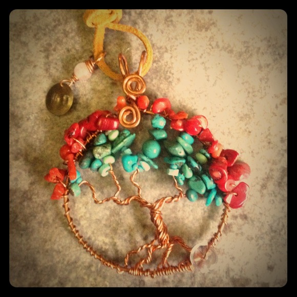Coral and Turquoise Copper Tree Of Life Pendant🚫-