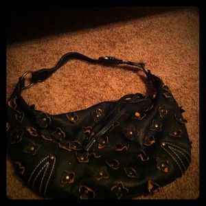 Black Leather Flower Studded Hobo