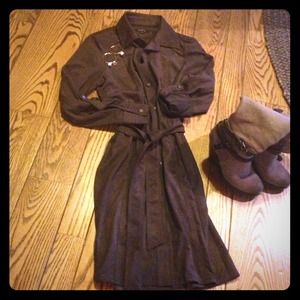 Faux suede, button-up dress with belt.
