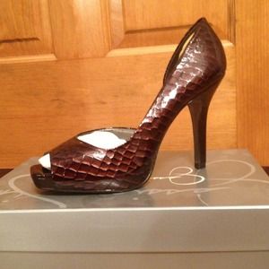 Brown Shiny snake skin heels