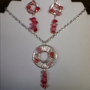 Hand made pink and light red necklace and earrings