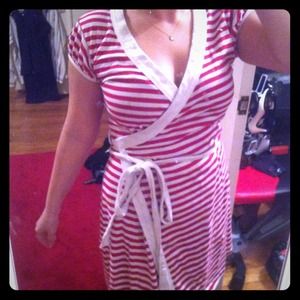 Red and white striped wrap dress