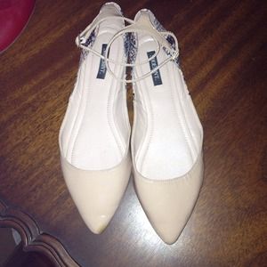 Shoemint nude and snake skin ankle strap flats