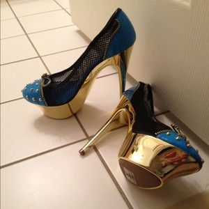 Spiked, Teal/Black/Gold, 6inch Heel, Stilettos