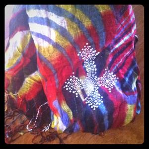 Print scarf w/ rhinestone embellished scarf