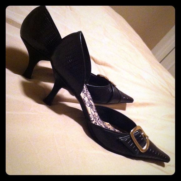 Pointy faux alligator heels with gold buckle