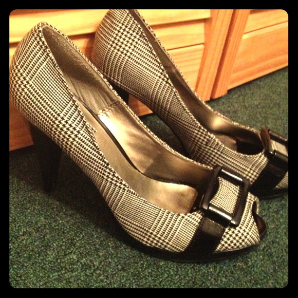 Reduced Black and White Tweed/Plaid Peep Toe Heels