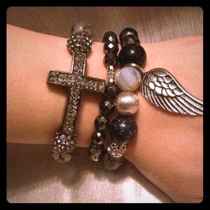 Grey black and silver stackable gemstone bracelets