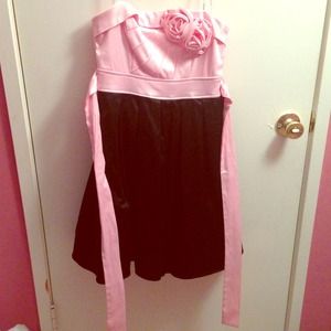 Pink and Black Strapless Formal Dress