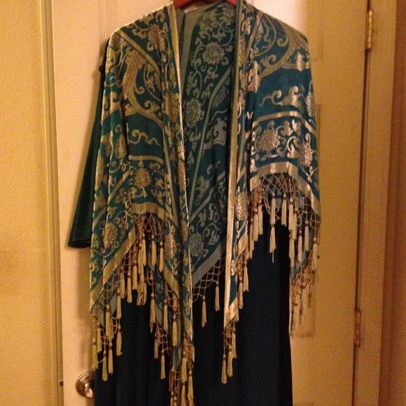 Teal and gold embellished shawl