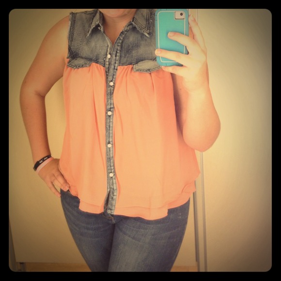 denim and chiffon tank :) button up