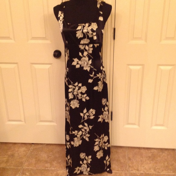 Black Floral Silk Evening Dress