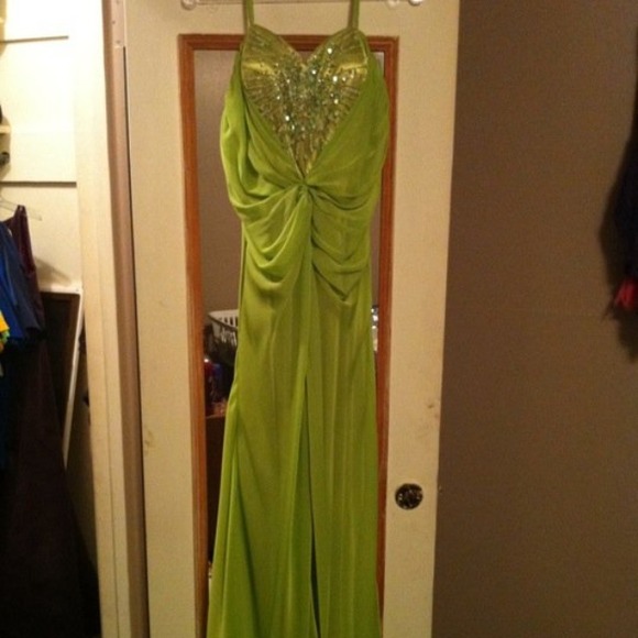 Bright green halter prom dress.