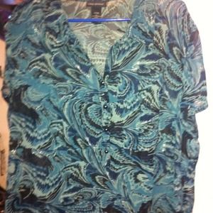 Polyester sheer blouse with 5 pearl buttons.