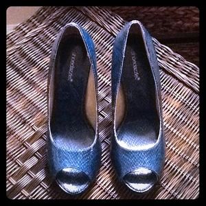 Dark teal snakeskin heels