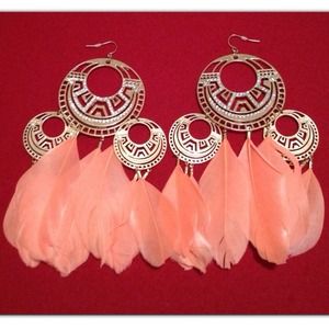 Gold and Coral Feather Earrings