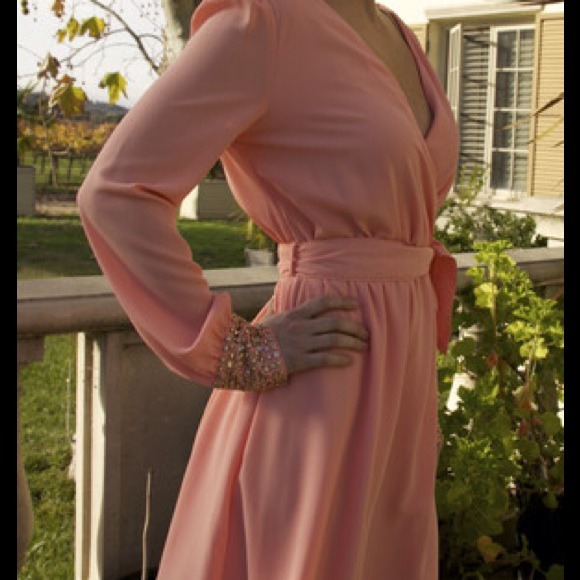 Peach and Mint dress with gold studs.