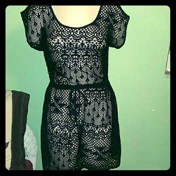 Black lace short sleeve cover up beach swim dress